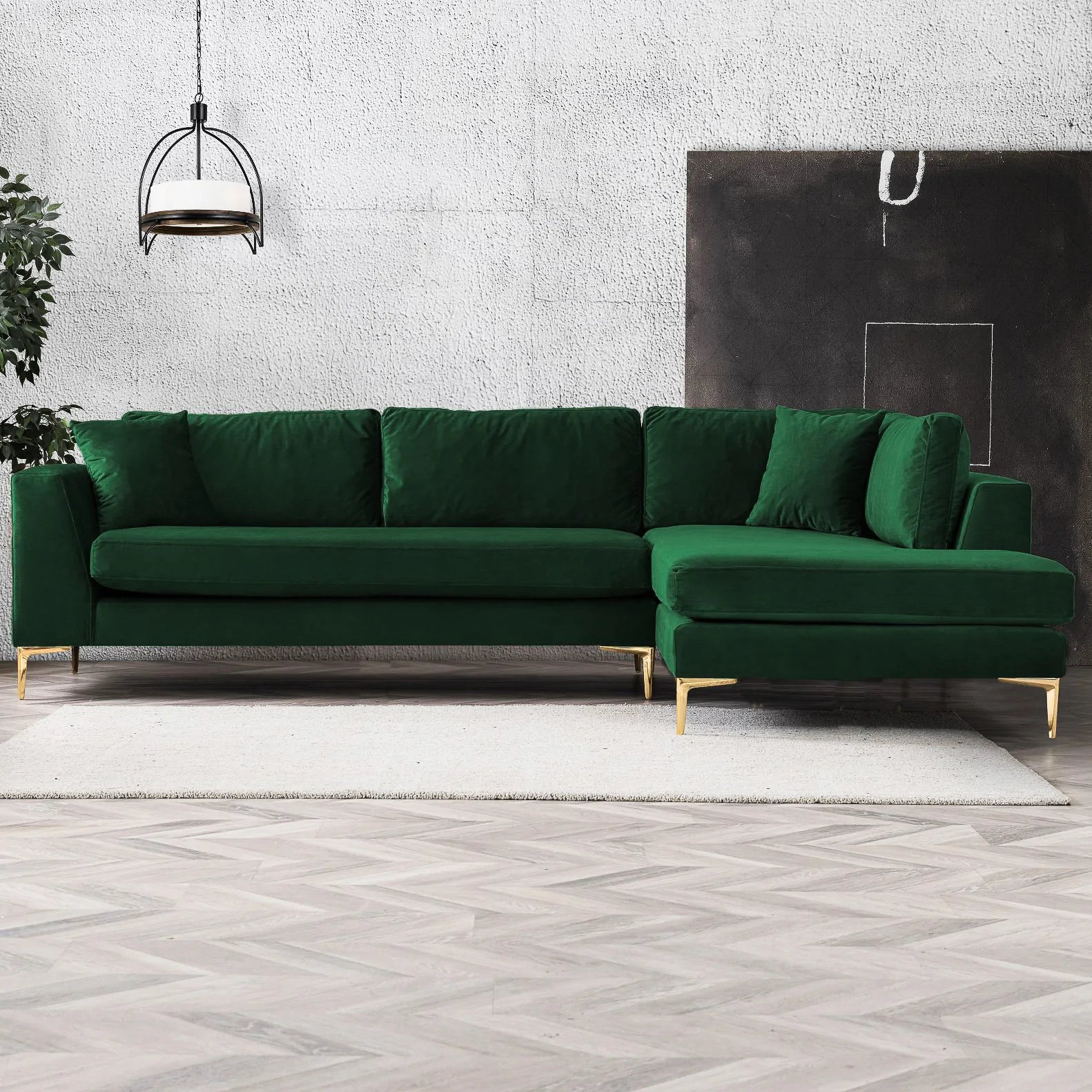 Mid Century Modern Emerald Green with Gold Accents Sectional Sofa
