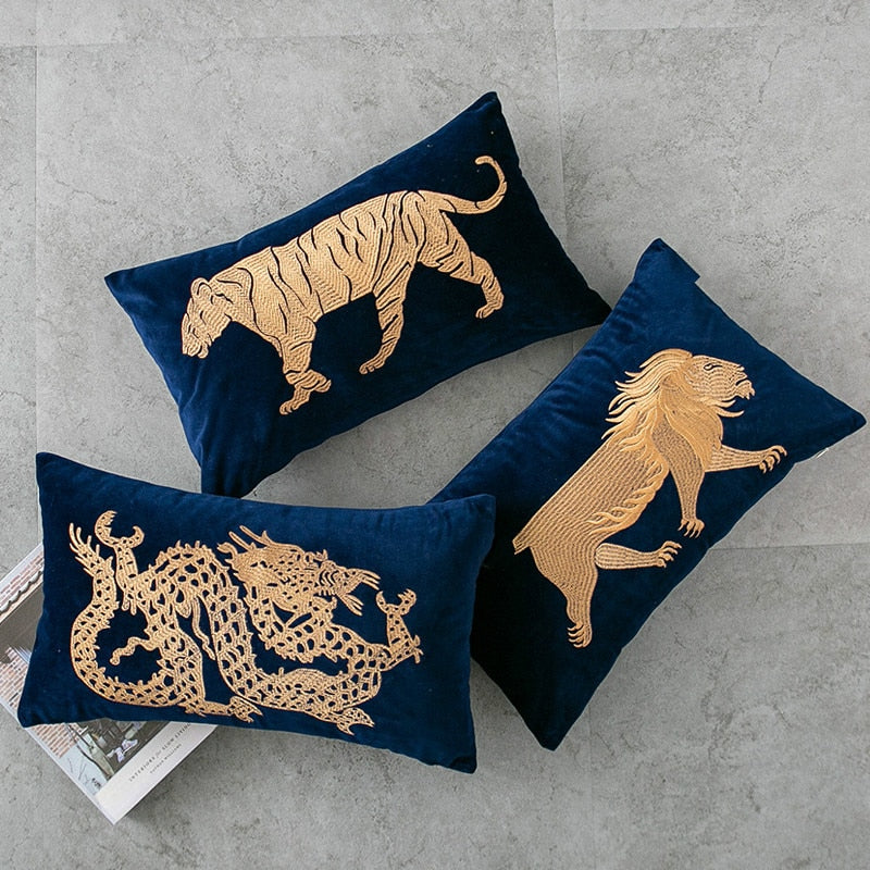 Gold Embroidered Blue Velvet Lumbar Pillow Monstera Drive