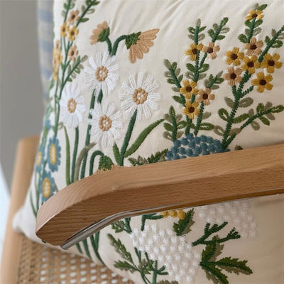 Classic Rustic Daisy Floral Embroidered Pillow Cover