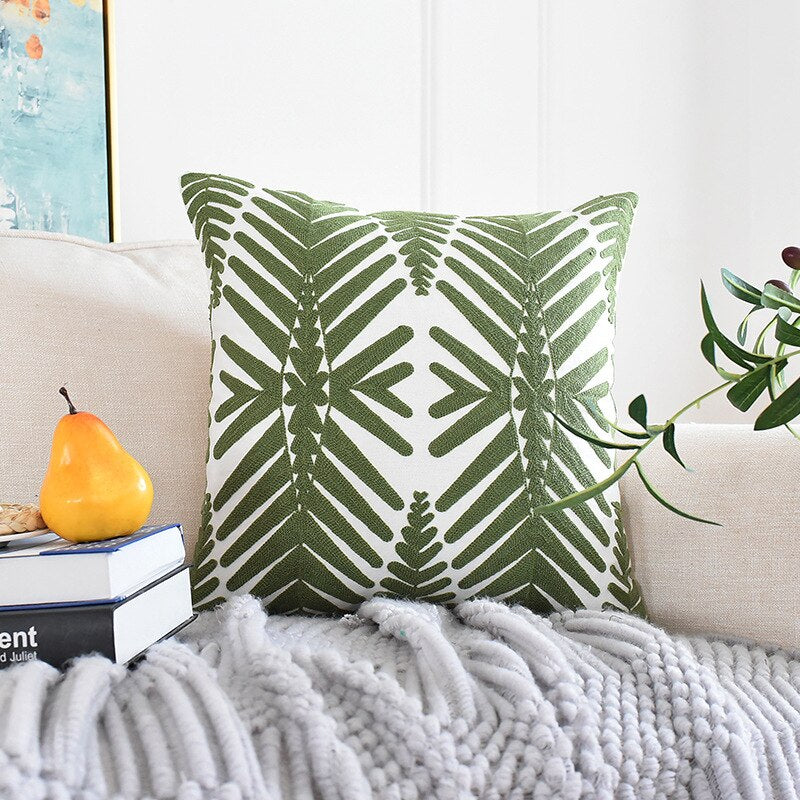 Vintage-inspired Embroidered Moss Green Monstera Leaf Pillow Cover Collection