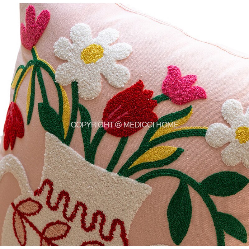 Medicci Home Pink Flowers And Vase Hook Embroidered Pillow Cover Decorative Cushion Case 45x45cm For Sofa Couch Armchair