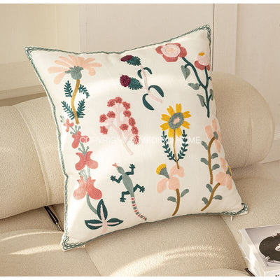 Medicci Home Pink Flowers And Vase Hook Embroidered Pillow Cover Decorative Cushion Case 45x45cm For Sofa Couch Armchair