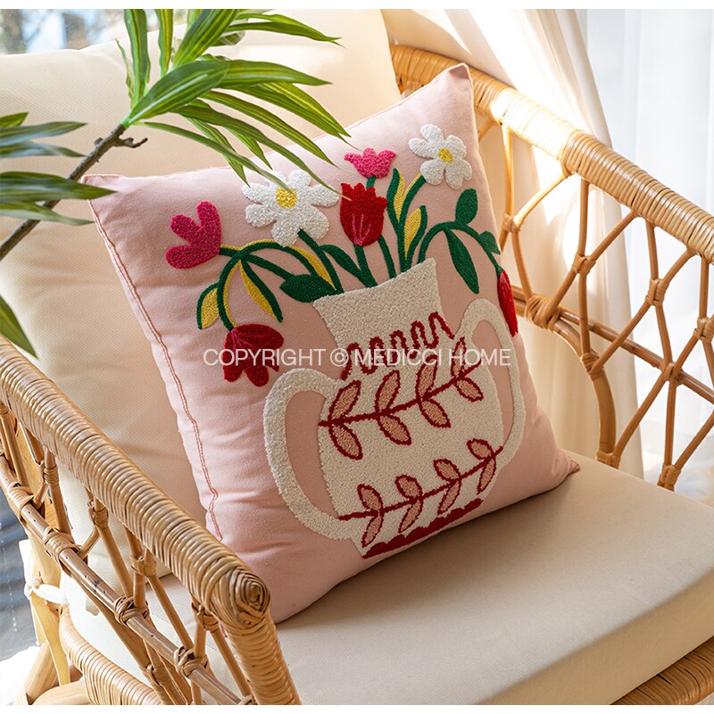 Medicci Home Pink Flowers And Vase Hook Embroidered Pillow Cover Decorative Cushion Case 45x45cm For Sofa Couch Armchair