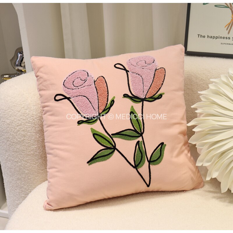 Medicci Home Pink Flowers And Vase Hook Embroidered Pillow Cover Decorative Cushion Case 45x45cm For Sofa Couch Armchair