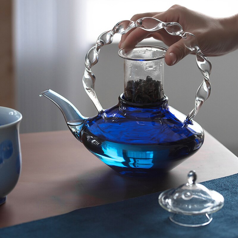 Luxury Japanese Style Twisted Handle Blue Borosilicate Glass Tea Pot