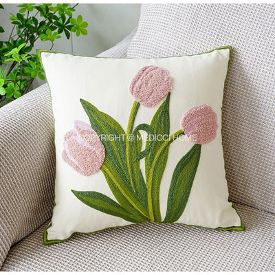 Medicci Home Pink Flowers And Vase Hook Embroidered Pillow Cover Decorative Cushion Case 45x45cm For Sofa Couch Armchair