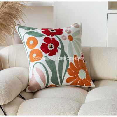 Medicci Home Pink Flowers And Vase Hook Embroidered Pillow Cover Decorative Cushion Case 45x45cm For Sofa Couch Armchair