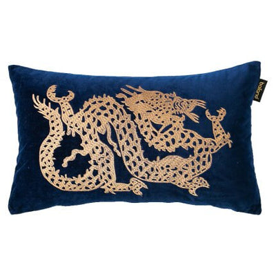 Gold Embroidered Lion/Tiger/Dragon on Rich Blue Velvet Lumbar Pillow Cover Collection