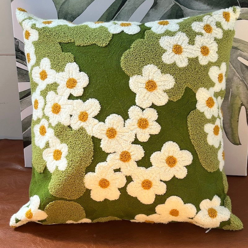 DUNXDECO Fresh Green Mini Flora Daisy Embroidery Cushion Cover Decorative Pillow Case Magic Garden Sofa Chair Bedding Deco