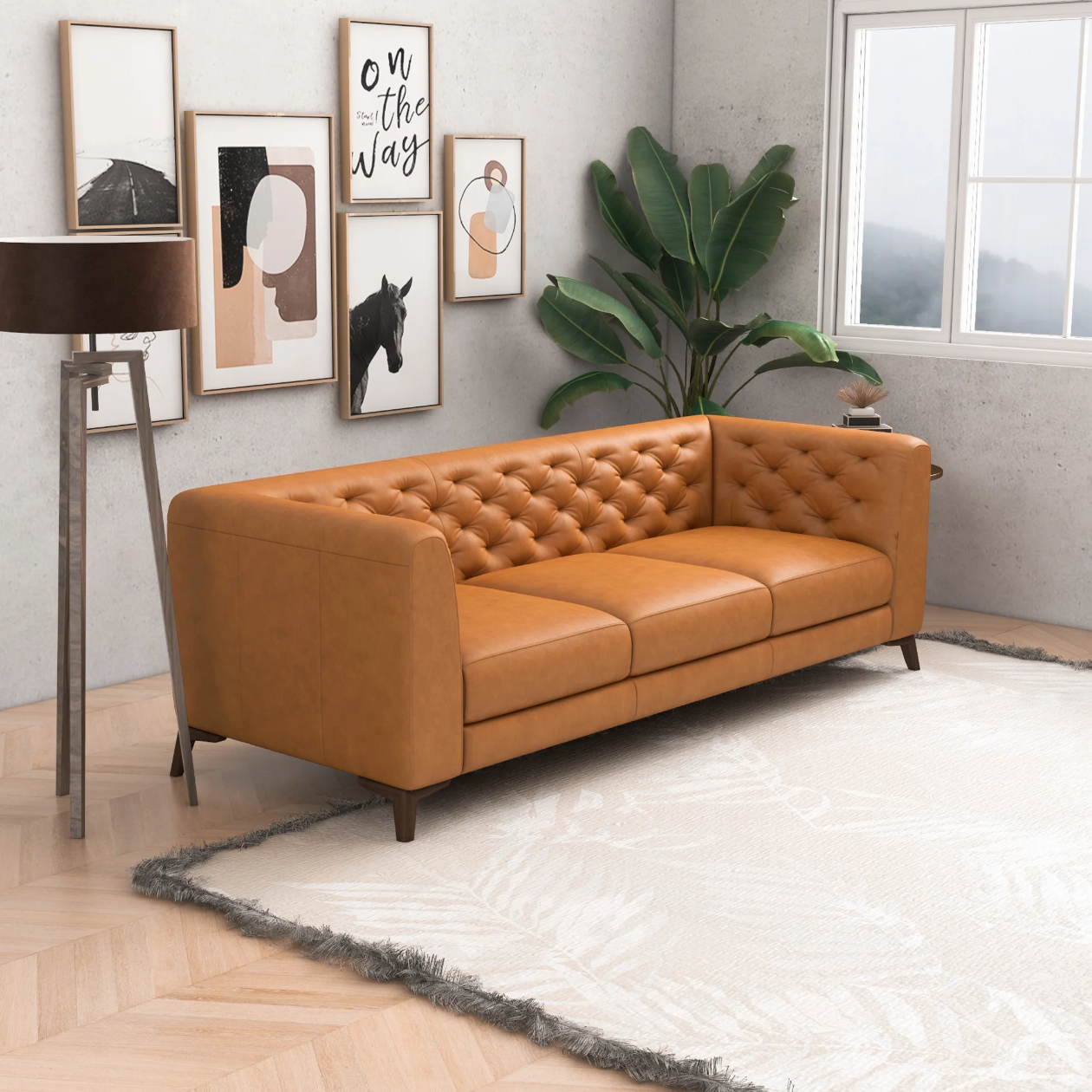 Mid-Century Modern Rectangular Tight Back Tufted Sofa Upholstered in Genuine Tan Leather