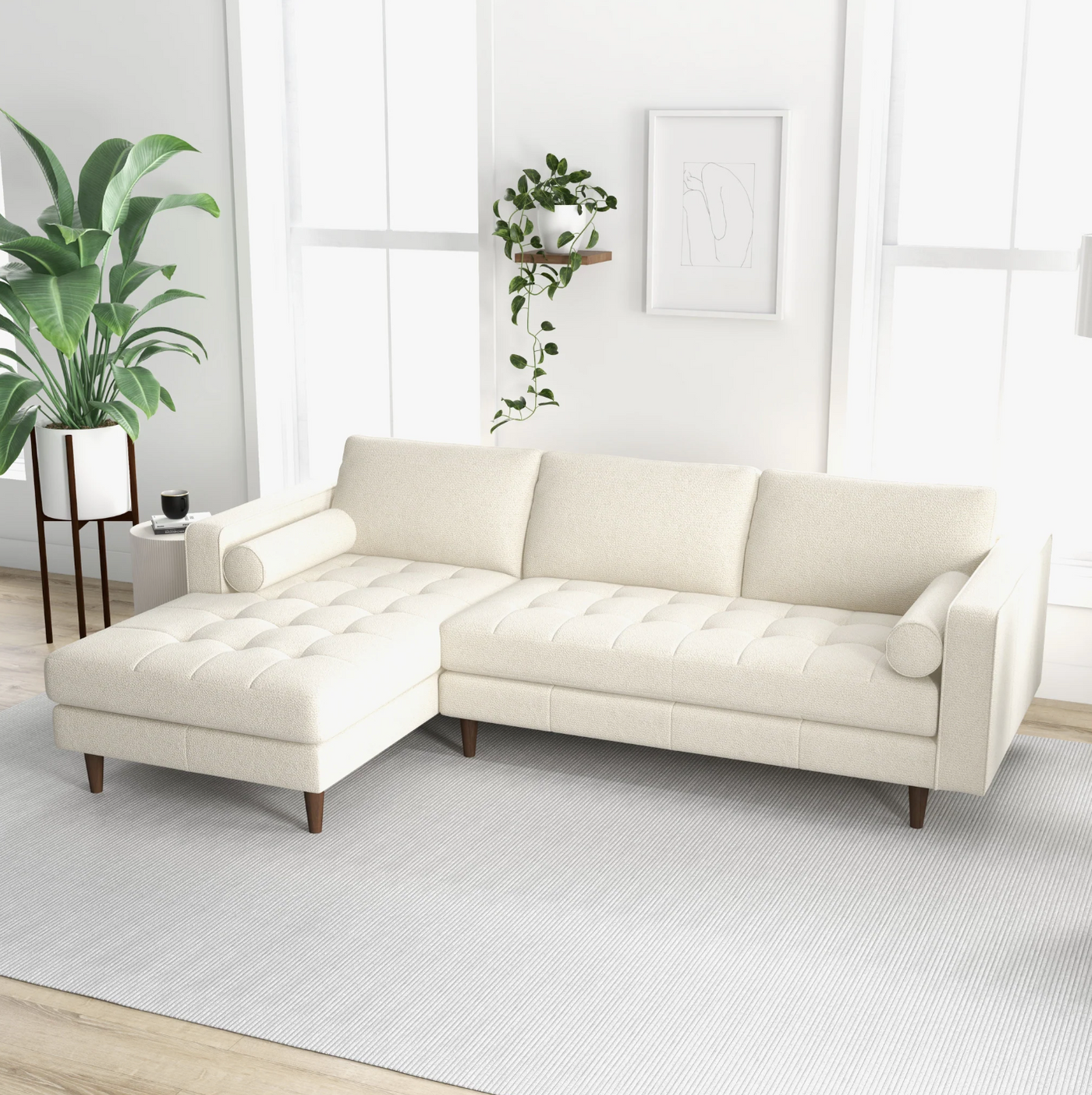 Anthony Tufted Cream Boucle Sectional Sofa - Left Facing Chaise