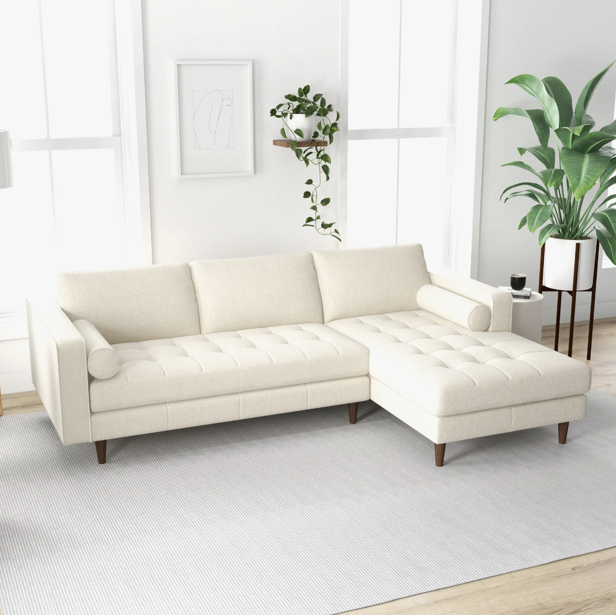 Anthony Tufted Cream Boucle Sectional Sofa - Right Facing Chaise