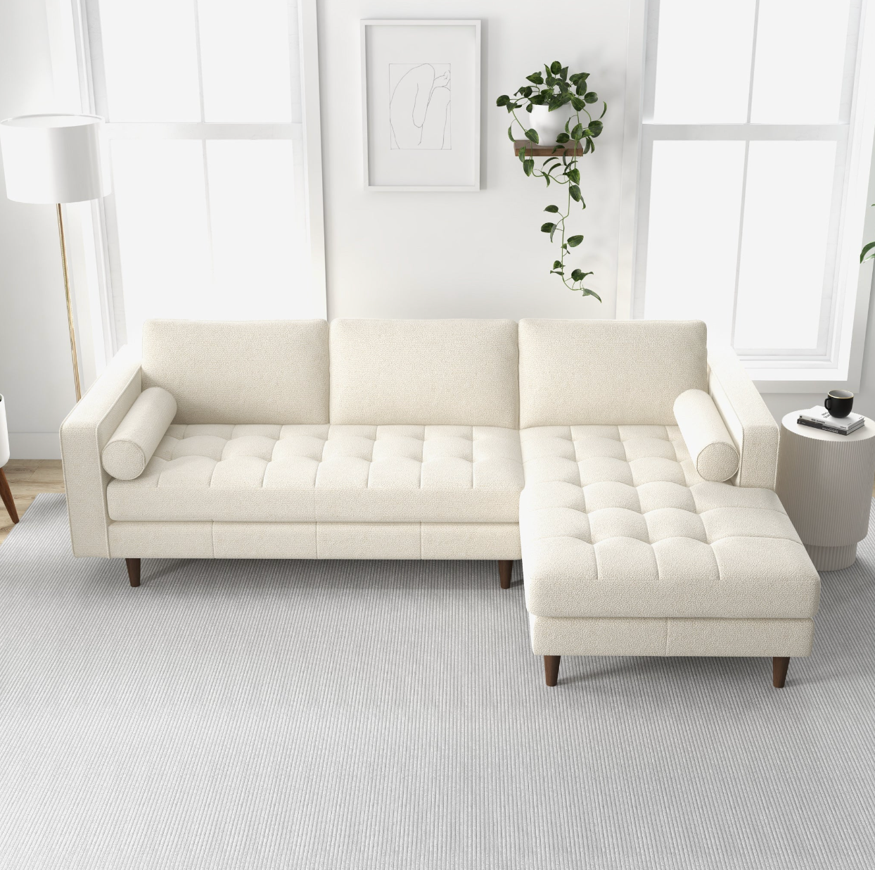Anthony Tufted Cream Boucle Sectional Sofa - Right Facing Chaise