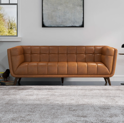 Addison Mid-Century Modern Sofa in Cognac Leather