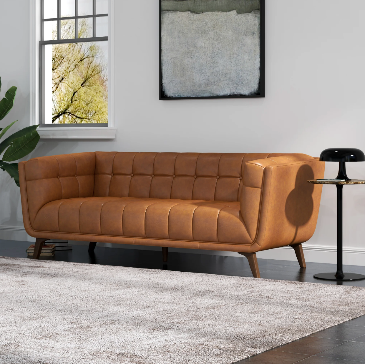 Addison Mid-Century Modern Sofa in Cognac Leather