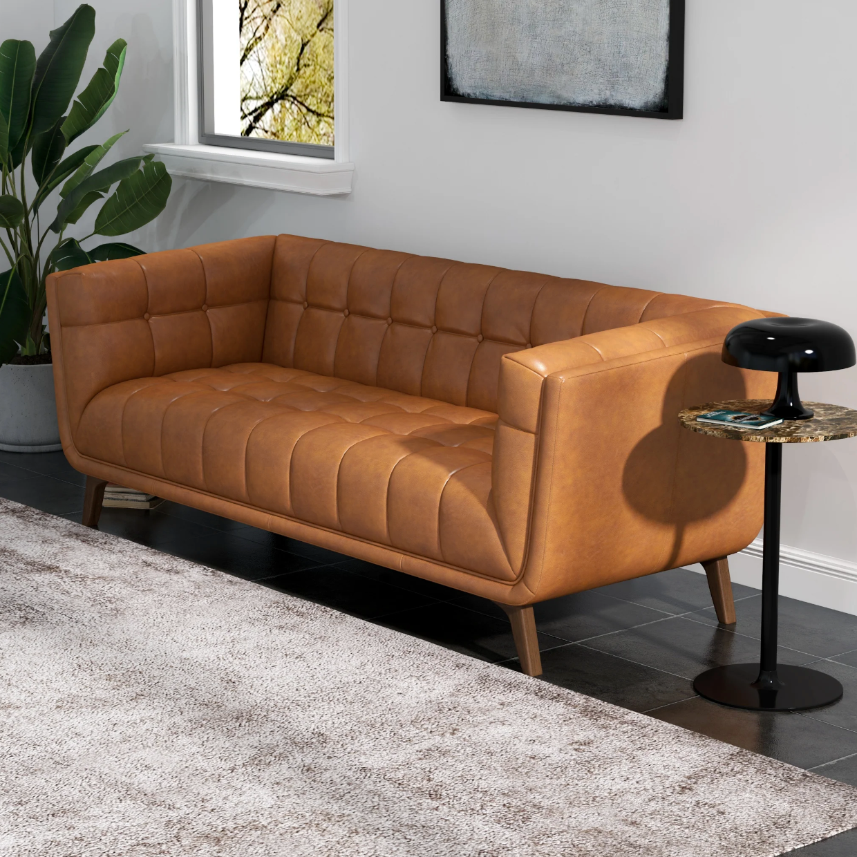 Addison Mid-Century Modern Sofa in Cognac Leather