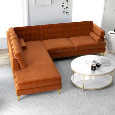 Brooke Mid-Century Sectional Sofa in Burnt Orange Velvet - Left Facing Chaise