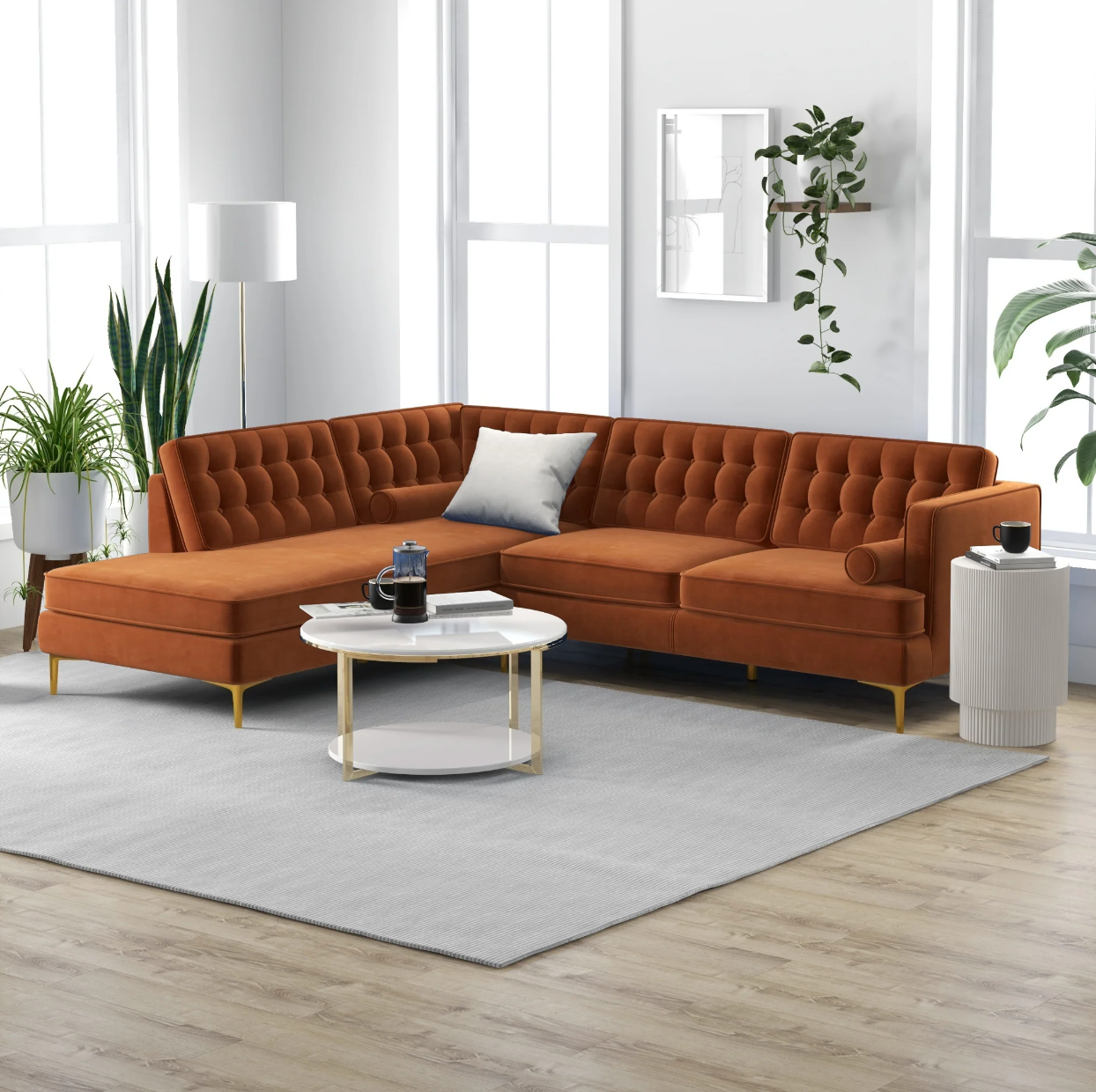 Brooke Mid-Century Sectional Sofa in Burnt Orange Velvet - Left Facing Chaise