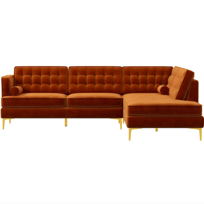 Brooke Mid-Century Sectional Sofa in Burnt Orange Velvet - Right Facing Chaise