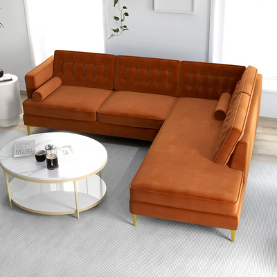 Brooke Mid-Century Sectional Sofa in Burnt Orange Velvet - Right Facing Chaise