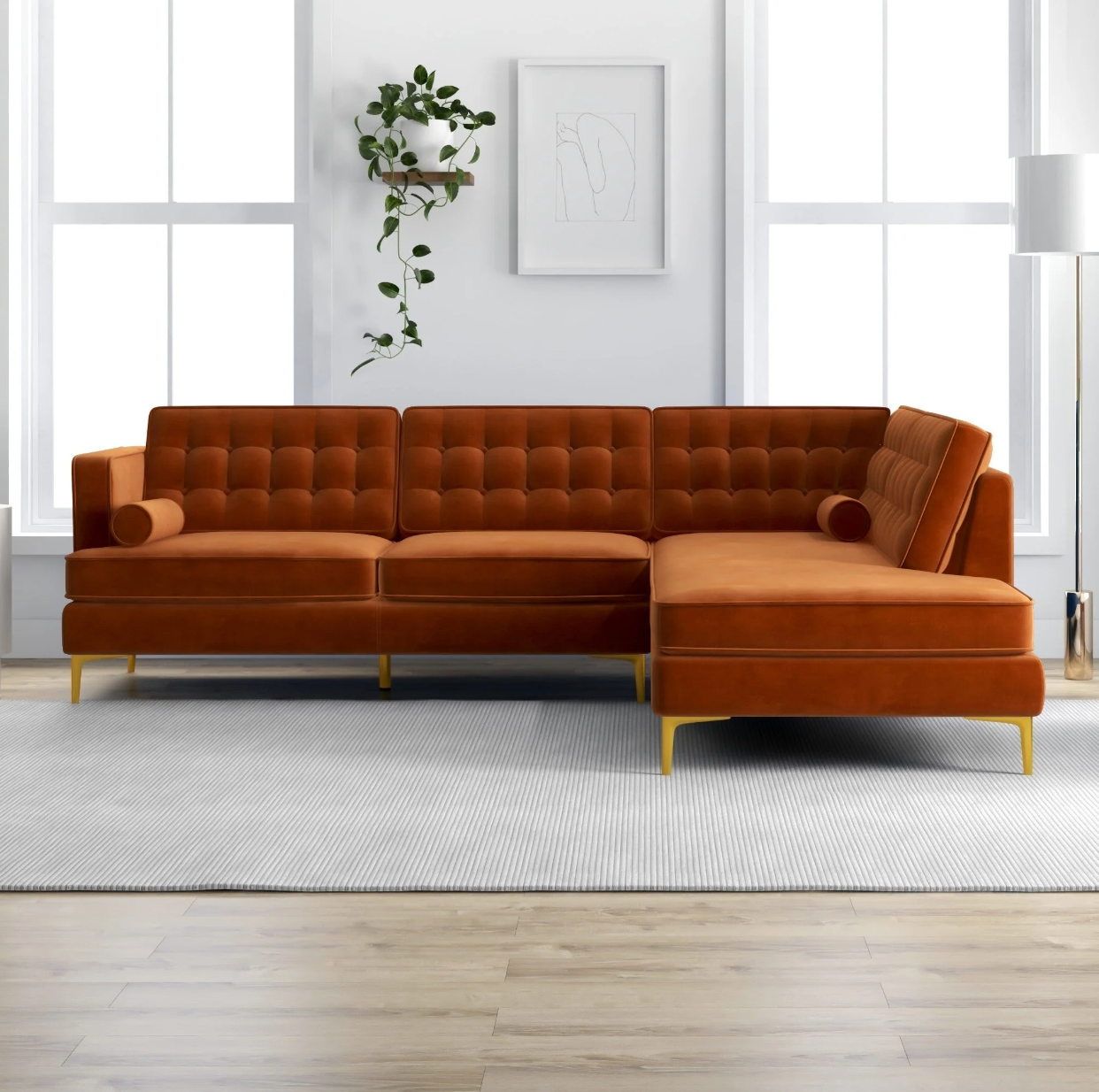 Brooke Mid-Century Sectional Sofa in Burnt Orange Velvet - Right Facing Chaise