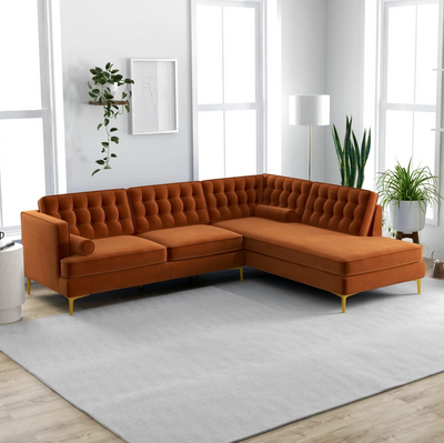 Brooke Mid-Century Sectional Sofa in Burnt Orange Velvet - Right Facing Chaise