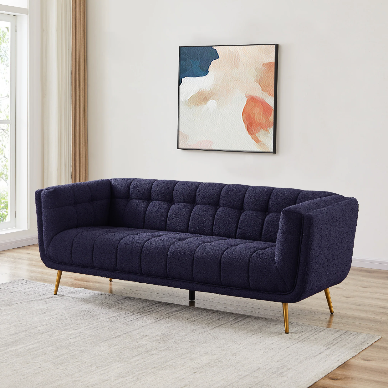 Addison Mid-Century Modern Sofa in Dark Blue Boucle