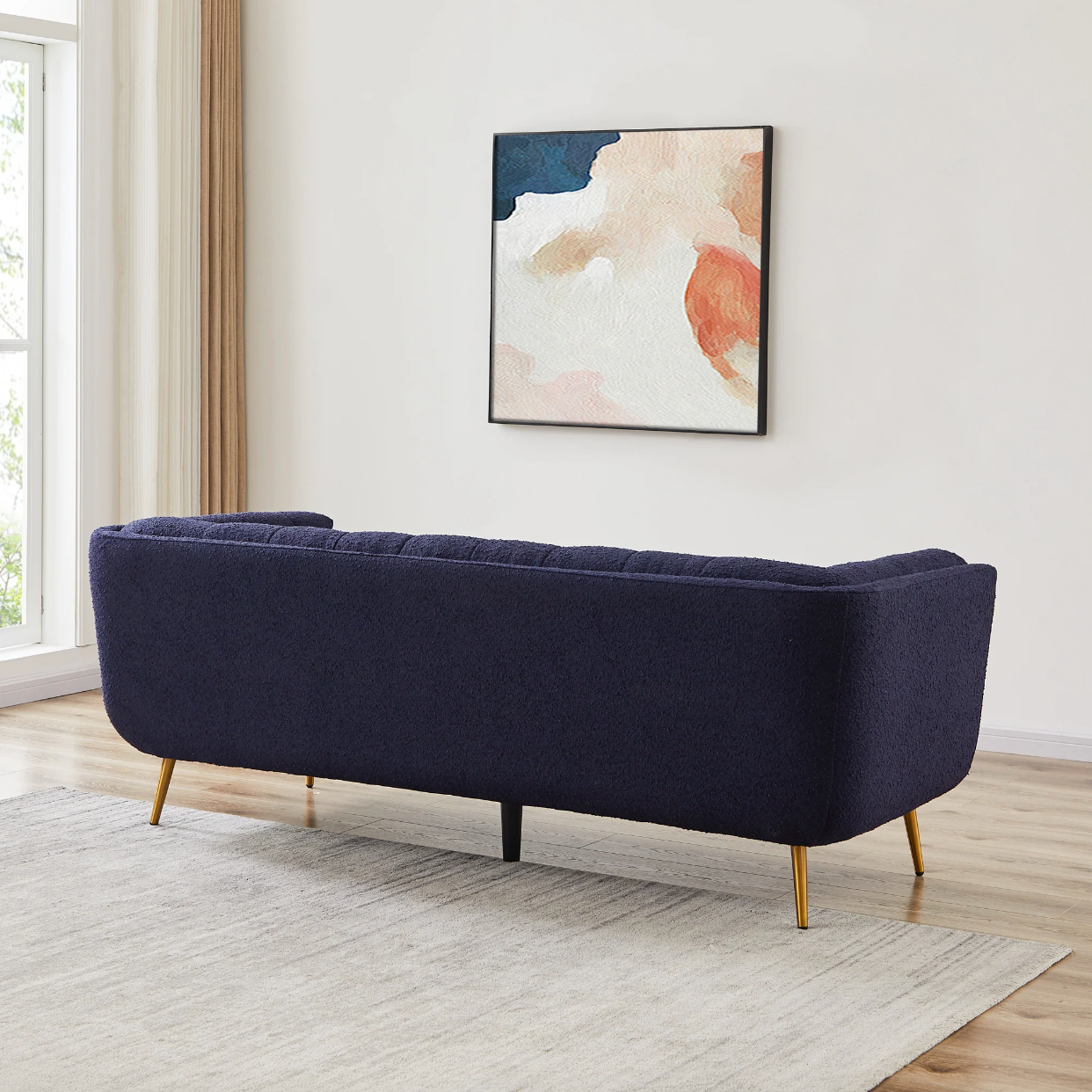 Addison Mid-Century Modern Sofa in Dark Blue Boucle