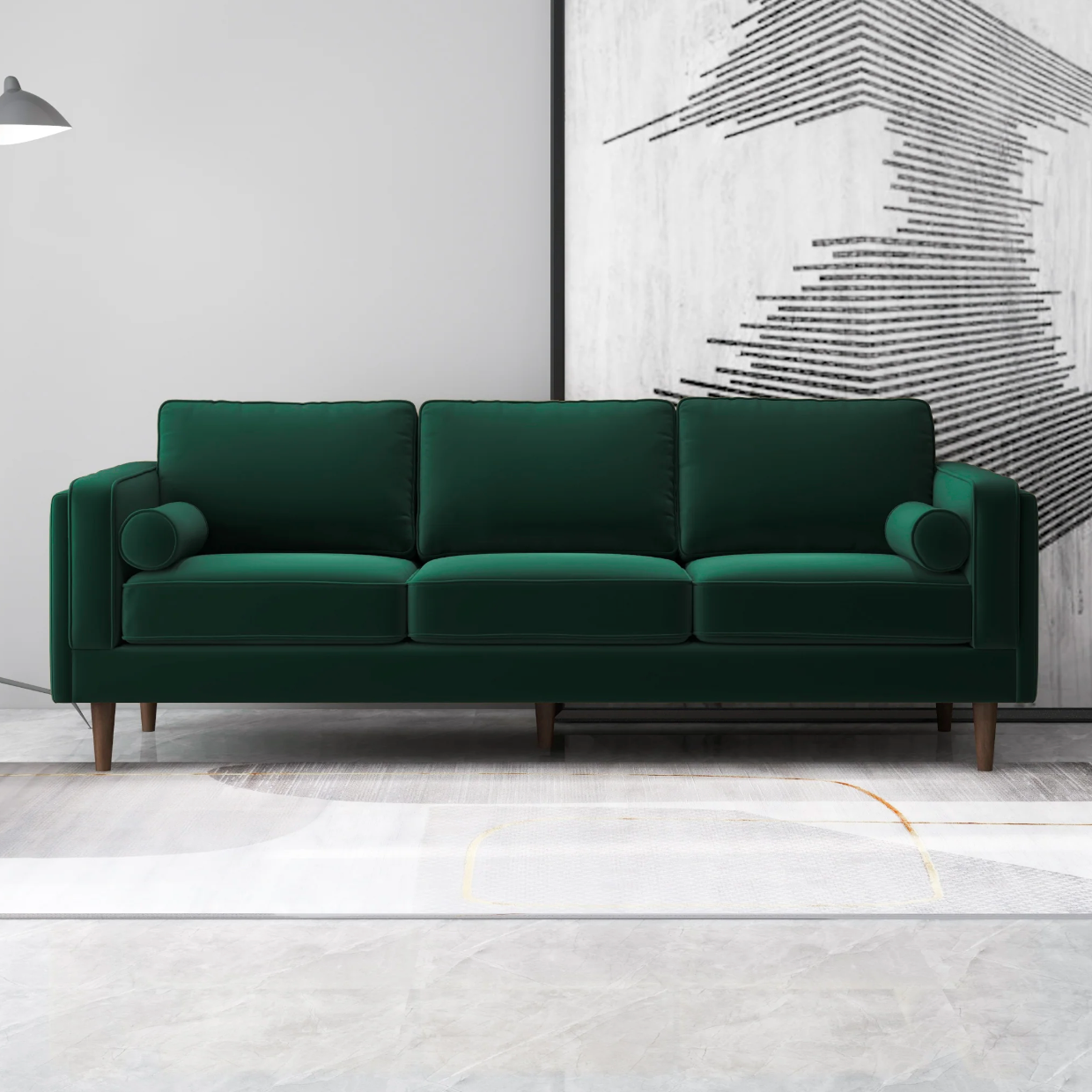 Amber Mid-Century Modern Sofa in Dark Green Velvet
