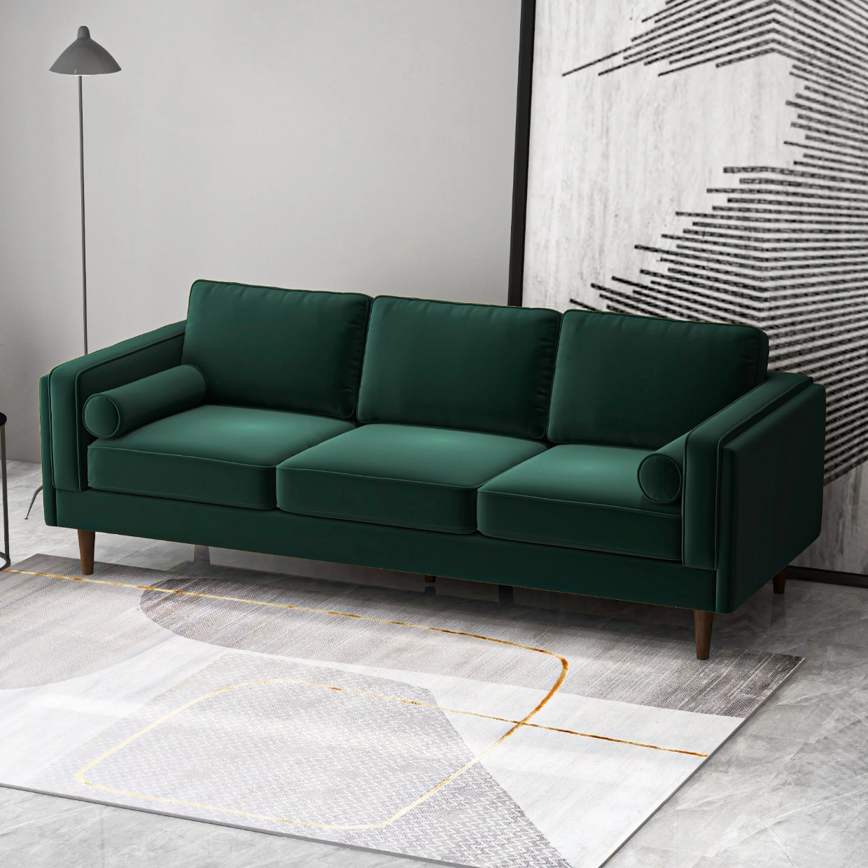 Amber Mid-Century Modern Sofa in Dark Green Velvet