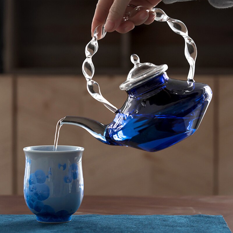 Luxury Japanese Style Twisted Handle Blue Borosilicate Glass Tea Pot