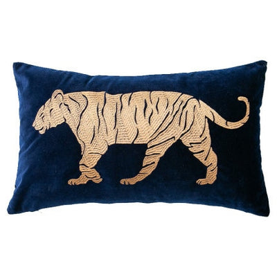 Gold Embroidered Lion/Tiger/Dragon on Rich Blue Velvet Lumbar Pillow Cover Collection