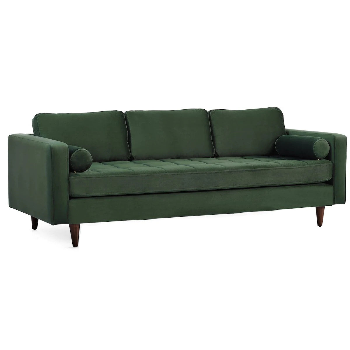 Mid-Century Modern Rectangular Pillow Back Velvet Upholstered Sofa in Rich Forest Green