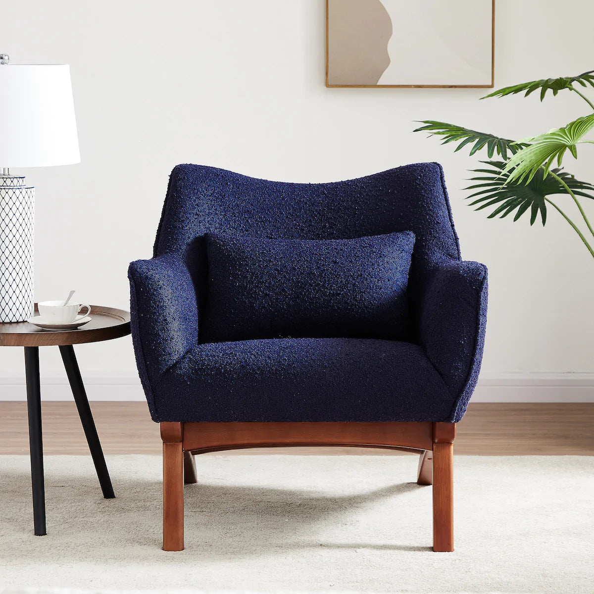 Mid-Century Modern Navy Blue Boucle Accent Lounge Chair
