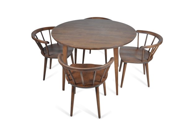 Elora 5-Piece Mid-Century Round Dining Set w/ 4 Solid Wood Dining Chairs in Brown