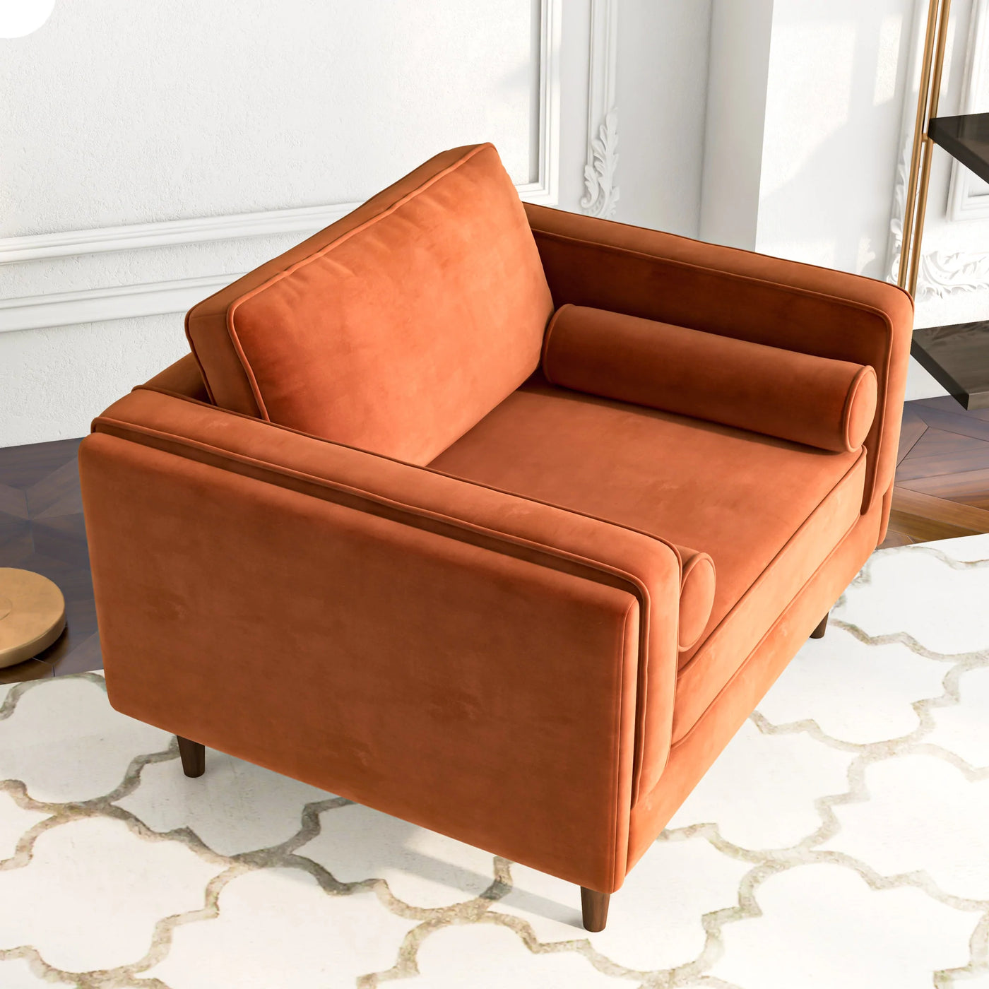 Mid Century Modern Lounge Chair in Burnt Orange Velvet Monstera
