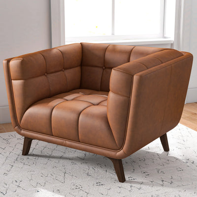 Mid-Century Modern Tan Lounge Chair in Genuine Leather