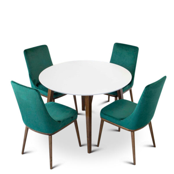 5-Piece Mid-Century Round Dining Set w/ 4 Velvet Dining Chairs in Green