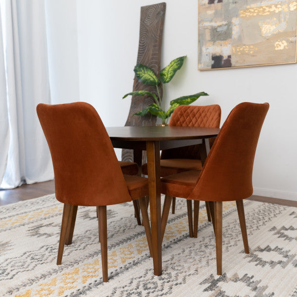 Henri 5-Piece Mid-Century Rectangular Dining Set w/ 4 Fabric Dining Chairs in Burnt Orange