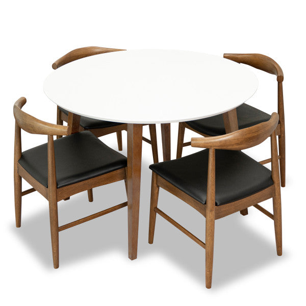 Eunice 5-Piece Mid-Century Round Dining Set w/ 4 Faux Leather Dining Chairs in Black