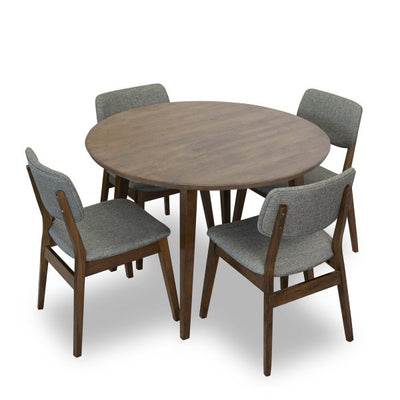 5-Piece Mid-Century Round Dining Set w/ 4 Fabric Dining Chairs in Gray