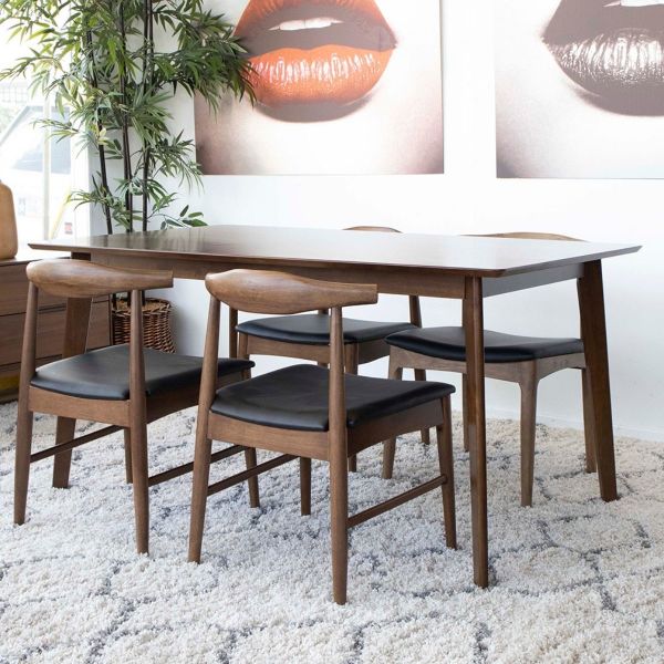 5-Piece Mid-Century Rectangular Dining Set w/ 4 Faux Leather Dining Chairs in Black
