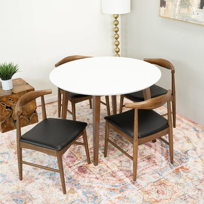 Elara 5-Piece Mid-Century Circular Dining Set w/ 4 Faux Leather Dining Chairs in Black