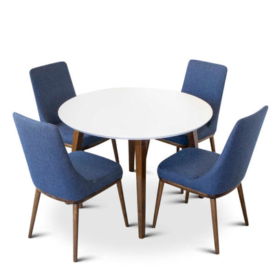 5-Piece Mid-Century Round Dining Set w/ 4 Fabric Dining Chairs in Blue