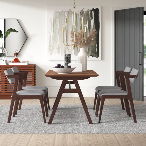 Gio 5-Piece Mid-Century Rectangular Dining Set w/ 4 Fabric Dining Chairs in Gray