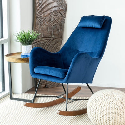 Revi Mid-Century Tight Back Velvet Upholstered Rocking Chair in Blue