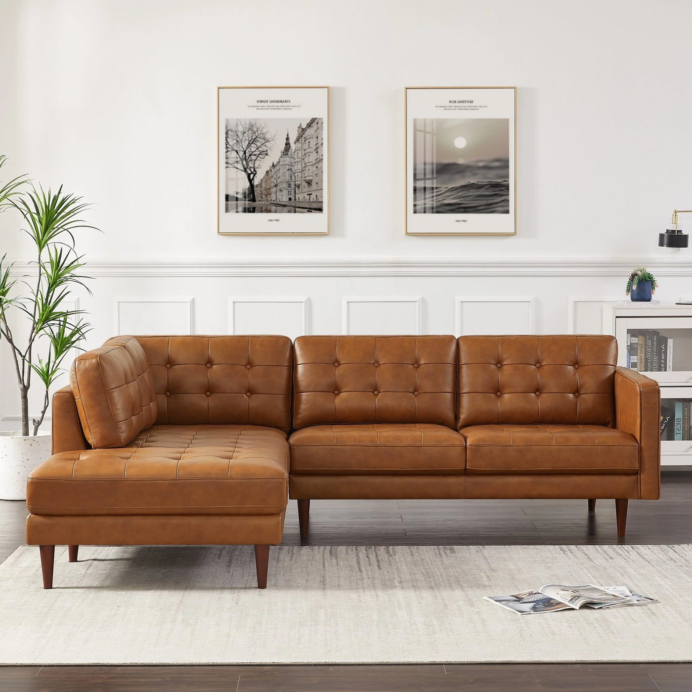 Genuine Italian Leather Modern Brown Tufted Sectional - Left and Right Facing Chaise