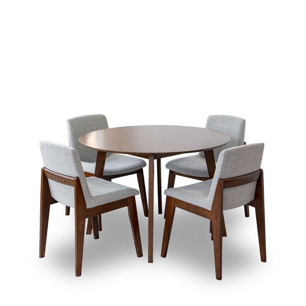Corbin 5-Piece Mid-Century Round Dining Set w/ 4 Fabric Dining Chairs in Light Gray
