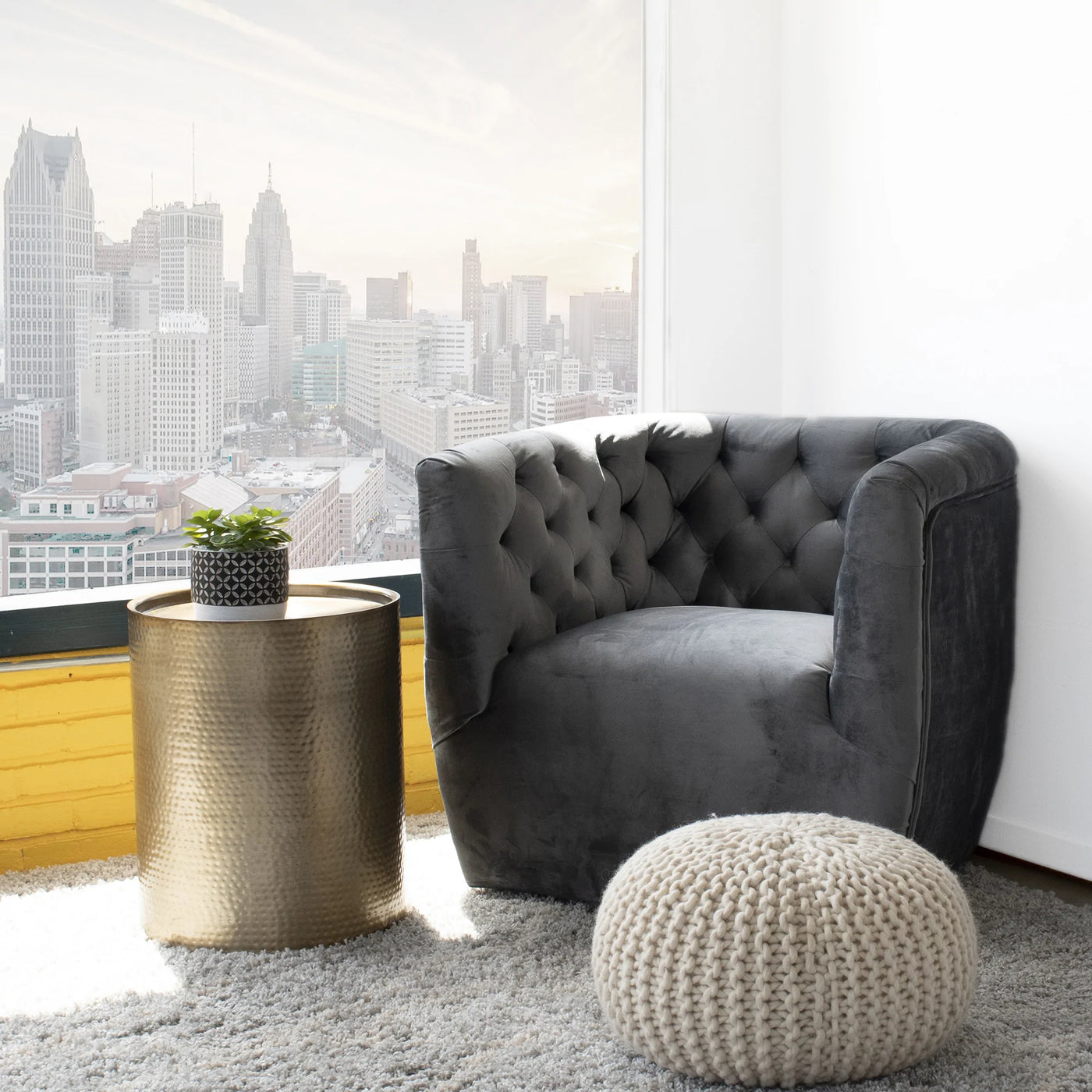 Contemporary Modern Gray Velvet Swivel Chair
