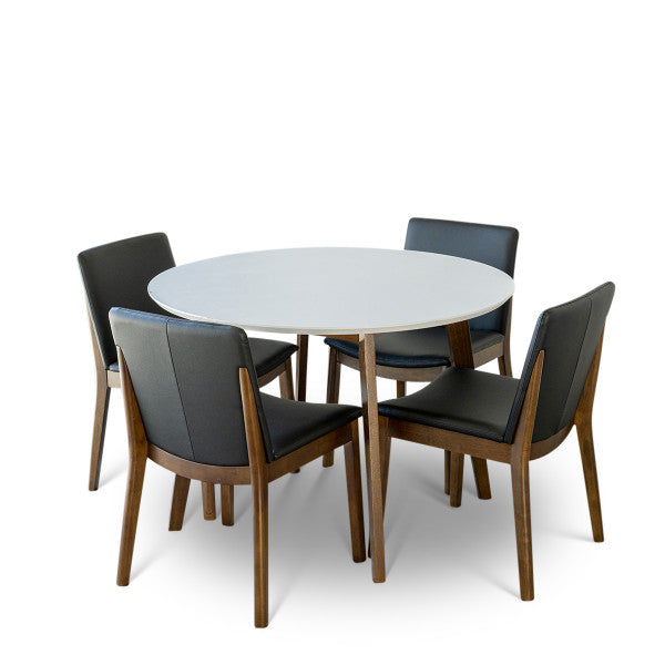 Clayton 5-Piece Mid-Century Round Dining Set w/ 4 Faux Leather Dining Chairs in Black